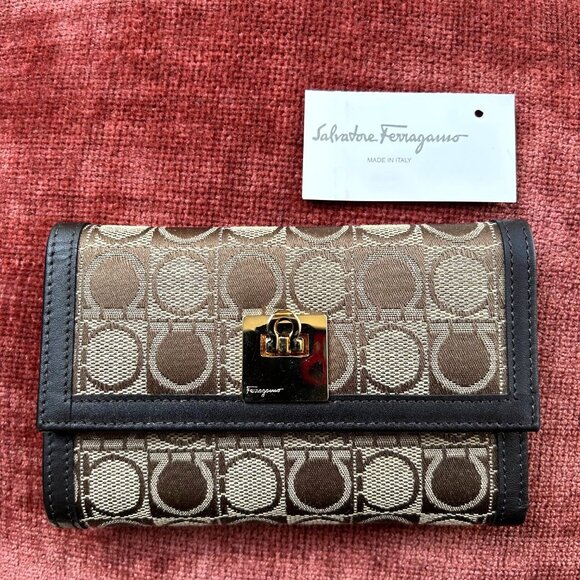 SALVATORE FERRAGAMO Canvas & Leather Gancini Trifold Wallet Tan Brown